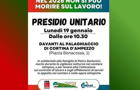 Lunedì 19 alle 10.30 presidio per la sicurezza sul lavoro davanti allo Stadio del Ghiaccio di Cortina