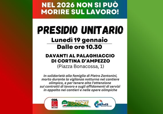 Lunedì 19 alle 10.30 presidio per la sicurezza sul lavoro davanti allo Stadio del Ghiaccio di Cortina