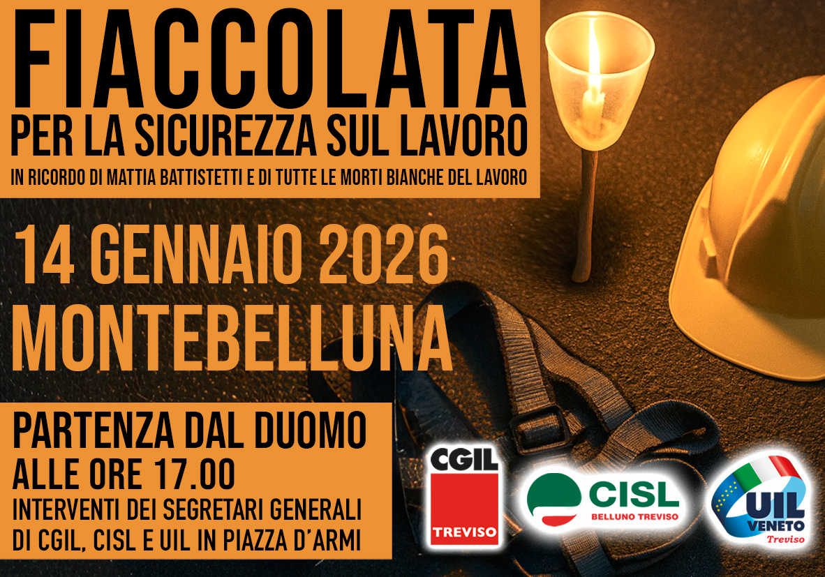  Sicurezza sul lavoro: mercoledì 14 gennaio a Montebelluna fiaccolata organizzata da Cgil, Cisl e Uil